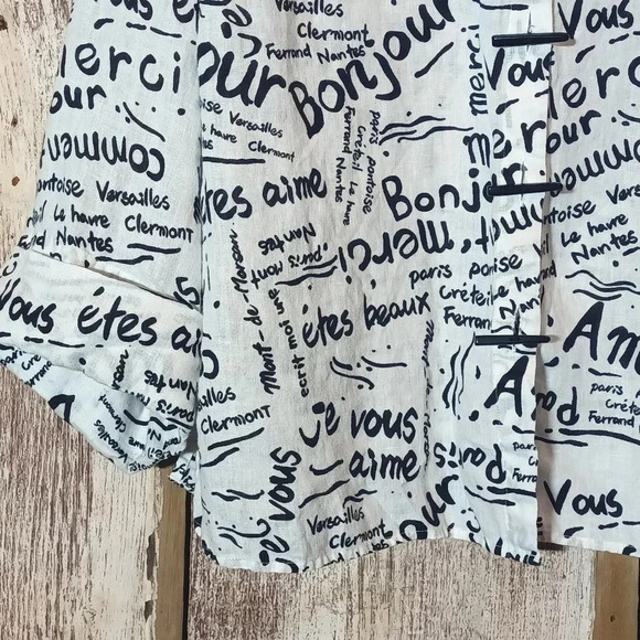 Linen Laura Ashley Woman french print black white button cuffed sleeve 1X - Picture 5 of 12